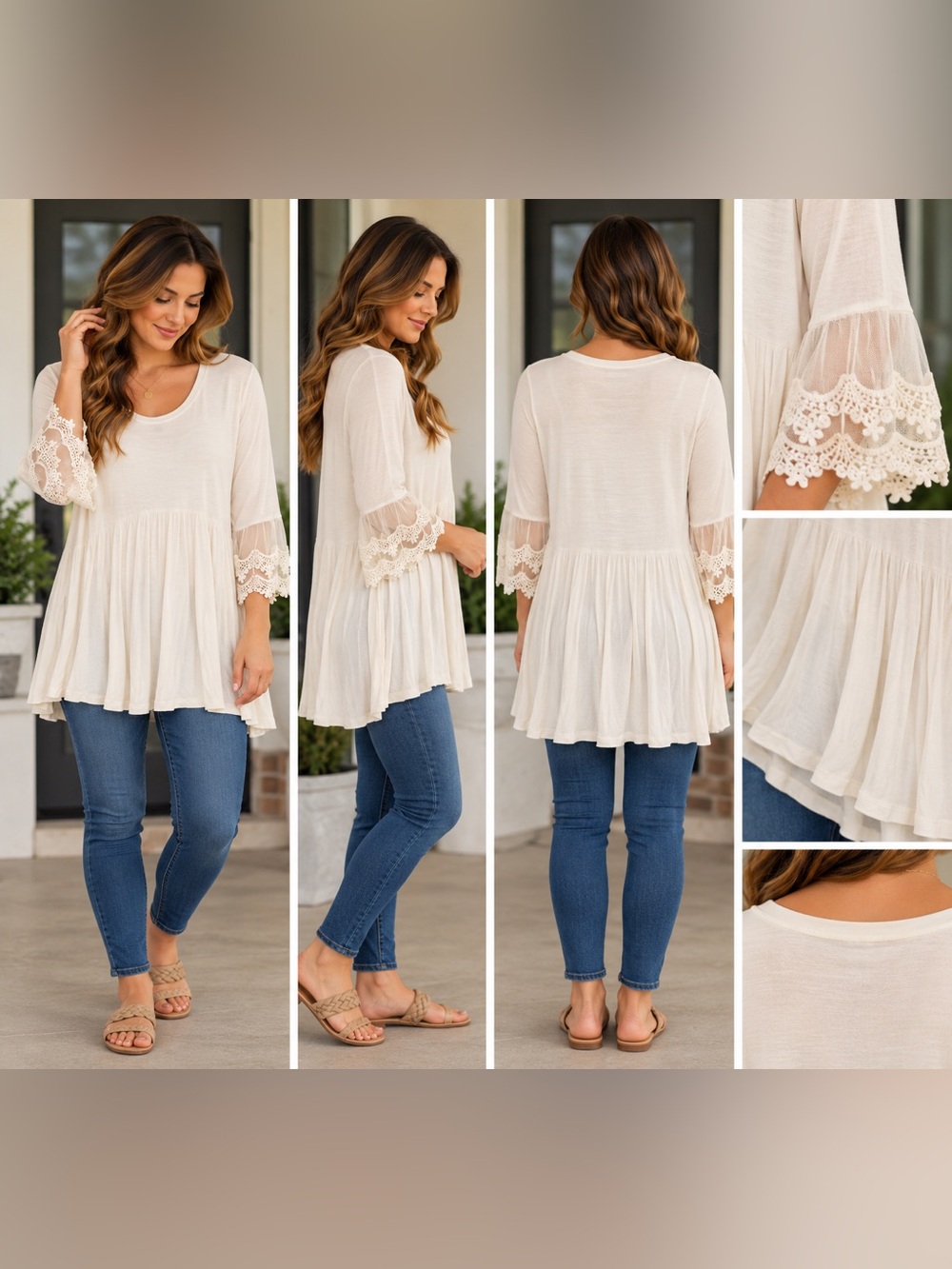 Boho Cream Lace-Trim Peplum Tunic Top